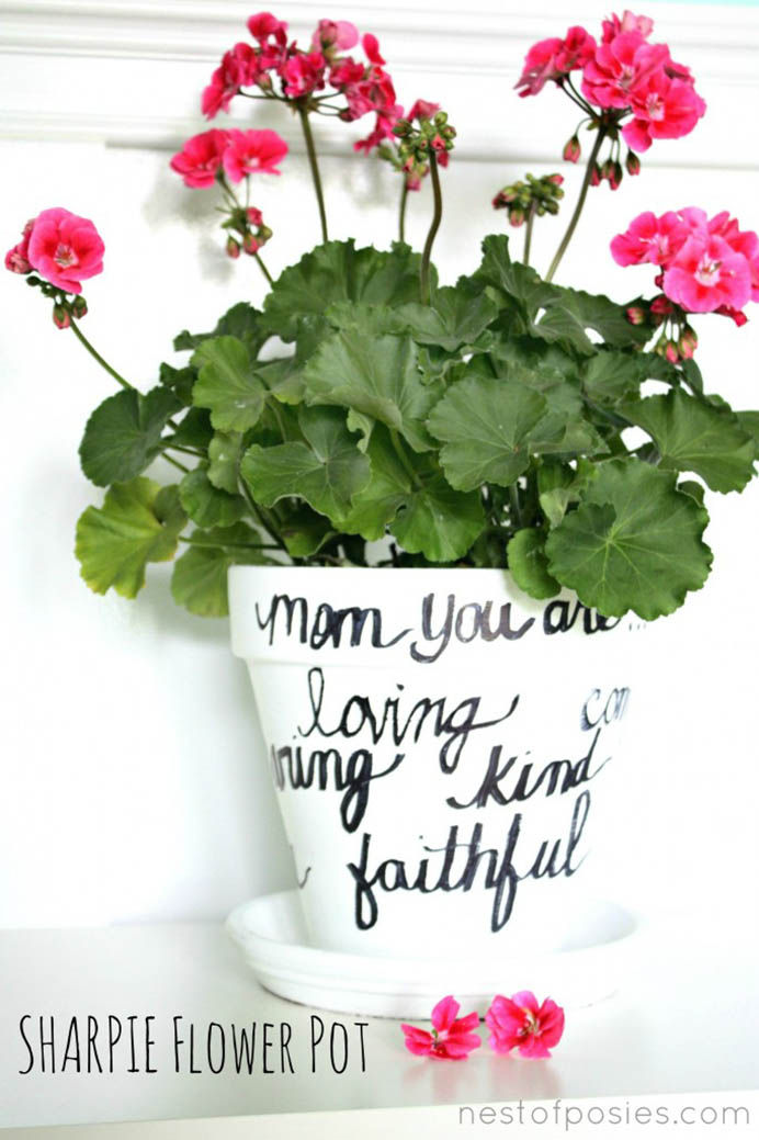 Make a Sharpie Flower Pot. Upcycle an old flower pot in a few simple steps and with just some paint, a paint brush and a Sharpie Marker! Kellie at Nest Of Posies has a super quick tutorial to followPlease share. Look forward to Mondays with our craft inspiration newsletter. Crafty goodness delivered to your inbox - CraftyLikeGranny.com #DIY #Craft #craftideas #mothersdaygift